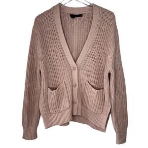 360 Sweater Chunky Knit Cardigan Button V-Neck Blush Pink Navy Stripe on Sleeves